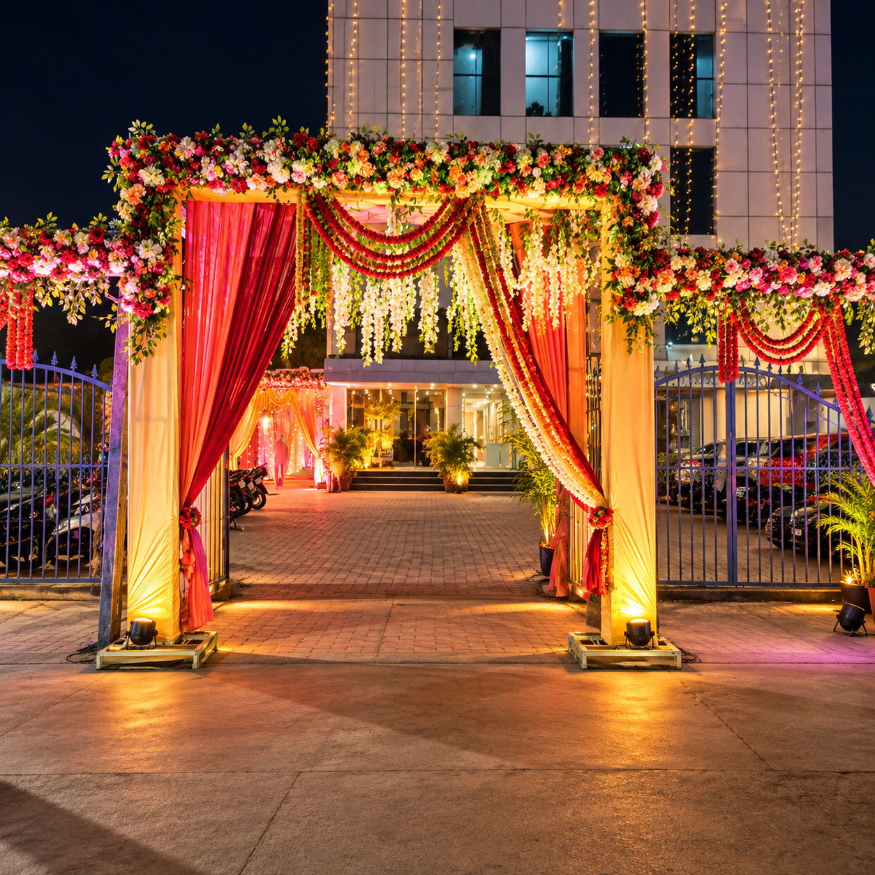 Vibrant Floral Wedding Entrance at Night - Hotel Aryan International Bokaro
